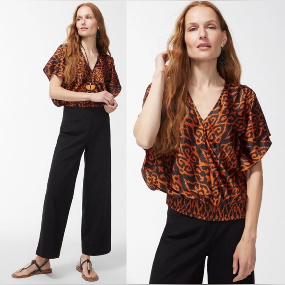 Chico’s Satin Ikat Black & Orange Top Smocked Waist Silky Soft Size 3 (XL/16) - Picture 1 of 13